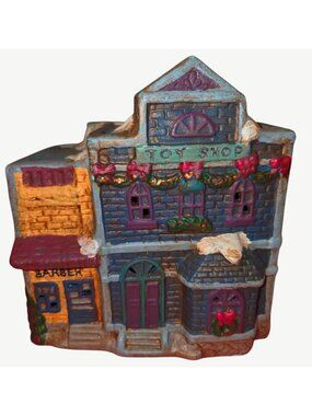 1995 A Collection Ceramic Toy Shop & Barber Holiday Village House Decoration